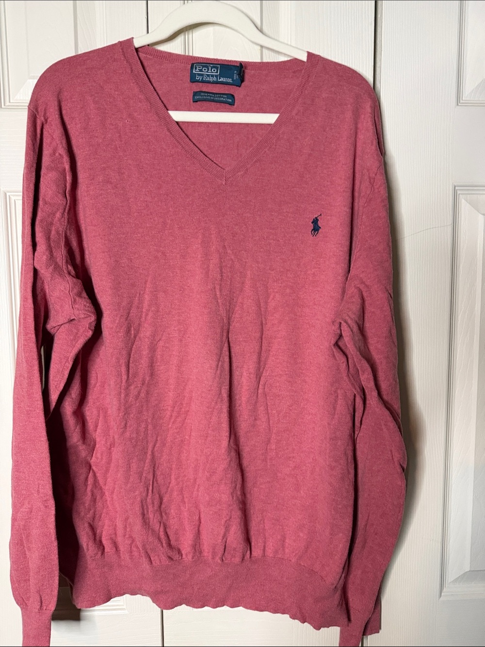 Polo by Ralph Lauren Men's V-Neck Sweater in Rose Pink with Navy Logo
